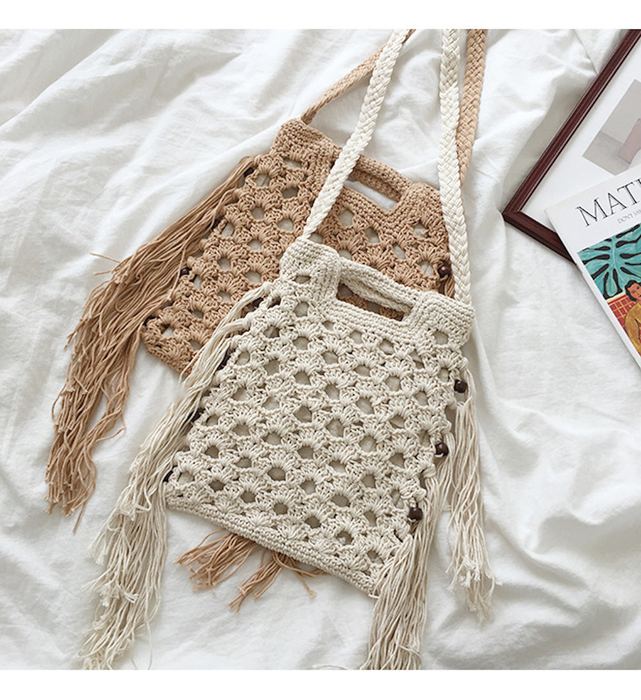 Small Cotton Crochet Shoulder Bag with Long Side Tassels