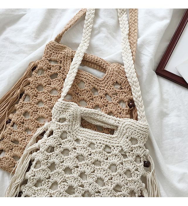 Small Cotton Crochet Shoulder Bag with Long Side Tassels