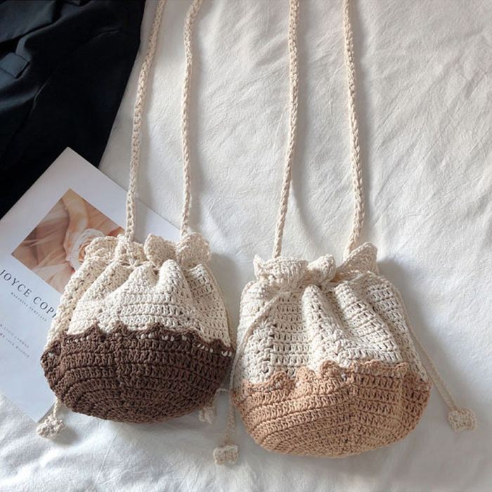 Two-Tone Cotton Crochet Drawstring Shoulder Pouch