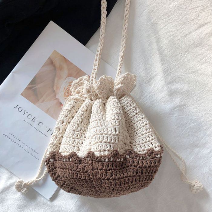 Two-Tone Cotton Crochet Drawstring Shoulder Pouch