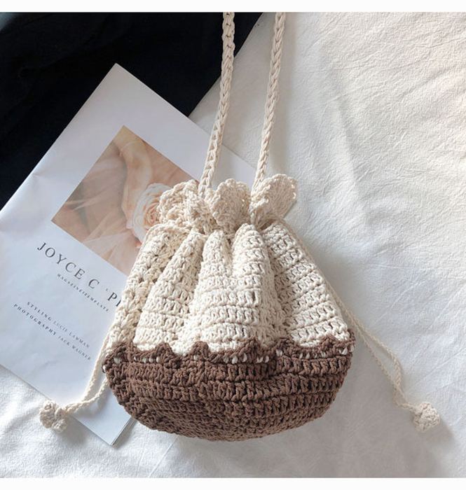 Two-Tone Cotton Crochet Drawstring Shoulder Pouch