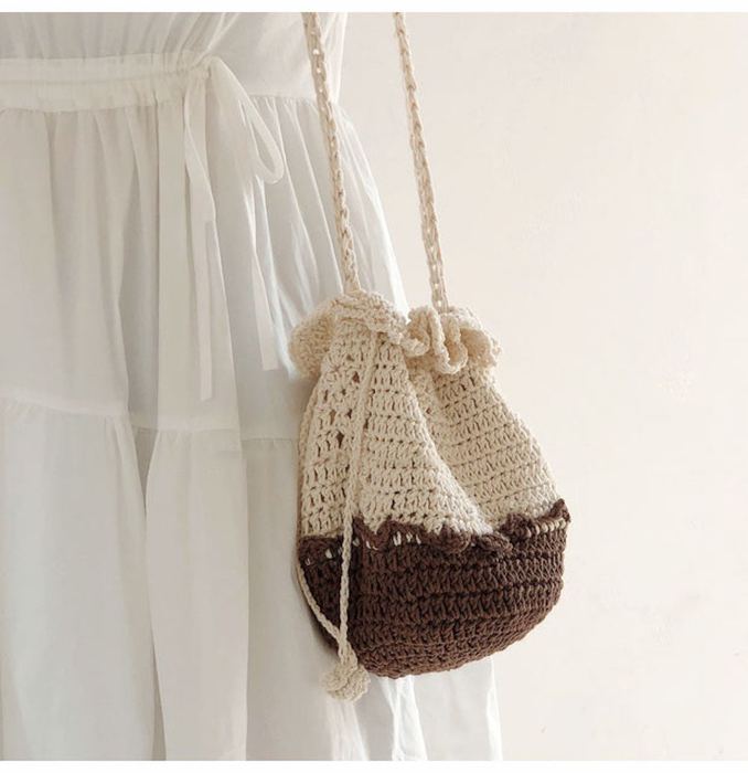 Two-Tone Cotton Crochet Drawstring Shoulder Pouch