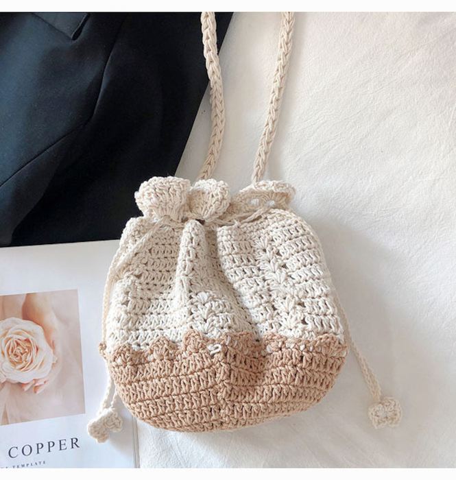 Two-Tone Cotton Crochet Drawstring Shoulder Pouch