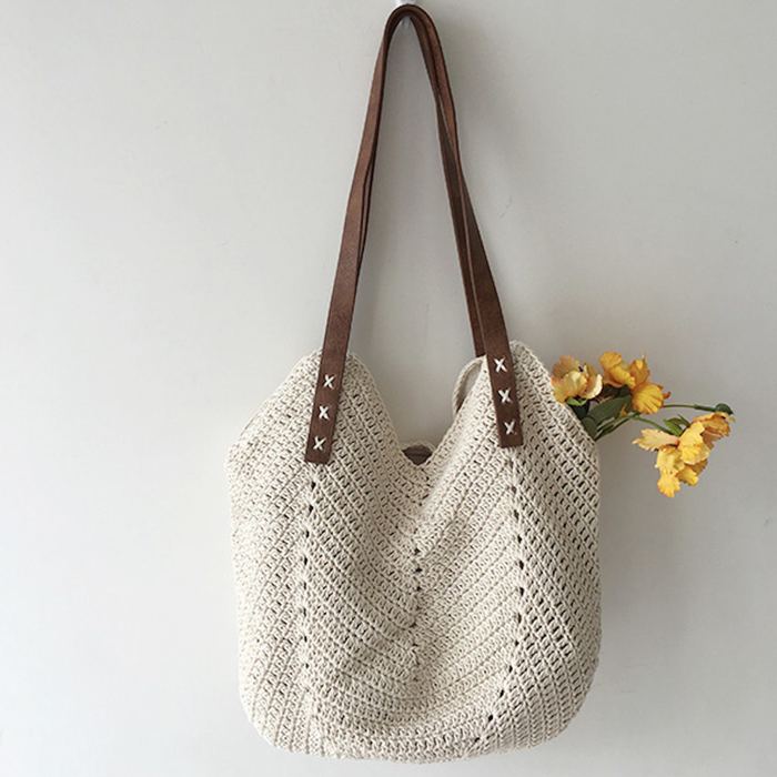 Rounded Cotton Knit Shoulder Bag with Brown Stitched Handles