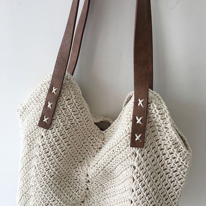 Rounded Cotton Knit Shoulder Bag with Brown Stitched Handles