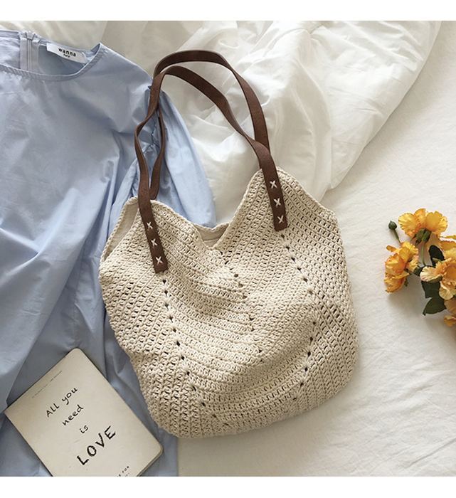 Rounded Cotton Knit Shoulder Bag with Brown Stitched Handles