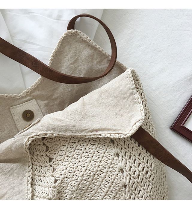 Rounded Cotton Knit Shoulder Bag with Brown Stitched Handles