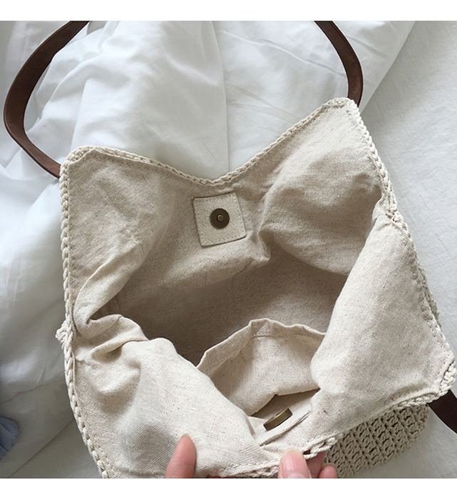 Rounded Cotton Knit Shoulder Bag with Brown Stitched Handles