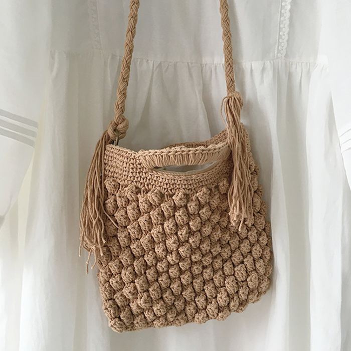 Small Cotton Shoulder Bag with Raised Diagonal Stitch Pattern