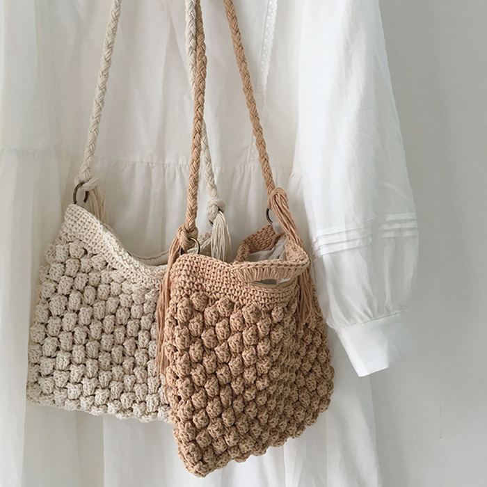 Small Cotton Shoulder Bag with Raised Diagonal Stitch Pattern