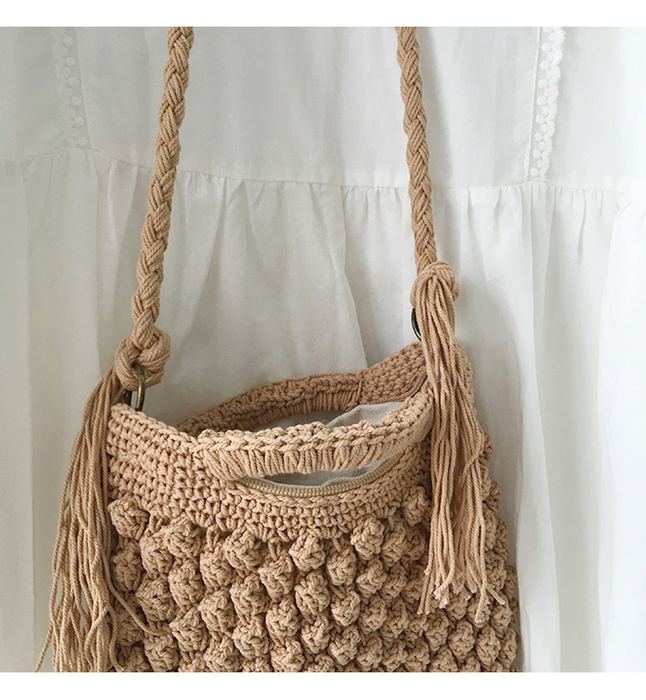 Small Cotton Shoulder Bag with Raised Diagonal Stitch Pattern