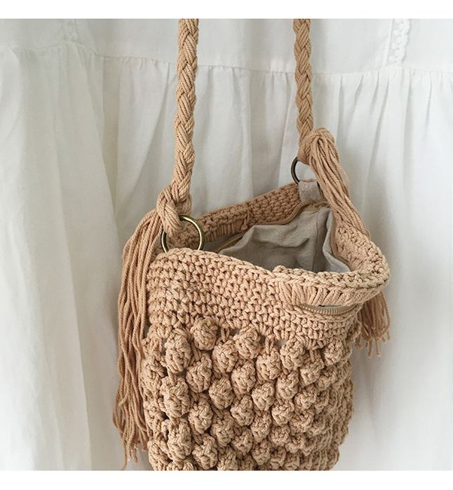 Small Cotton Shoulder Bag with Raised Diagonal Stitch Pattern