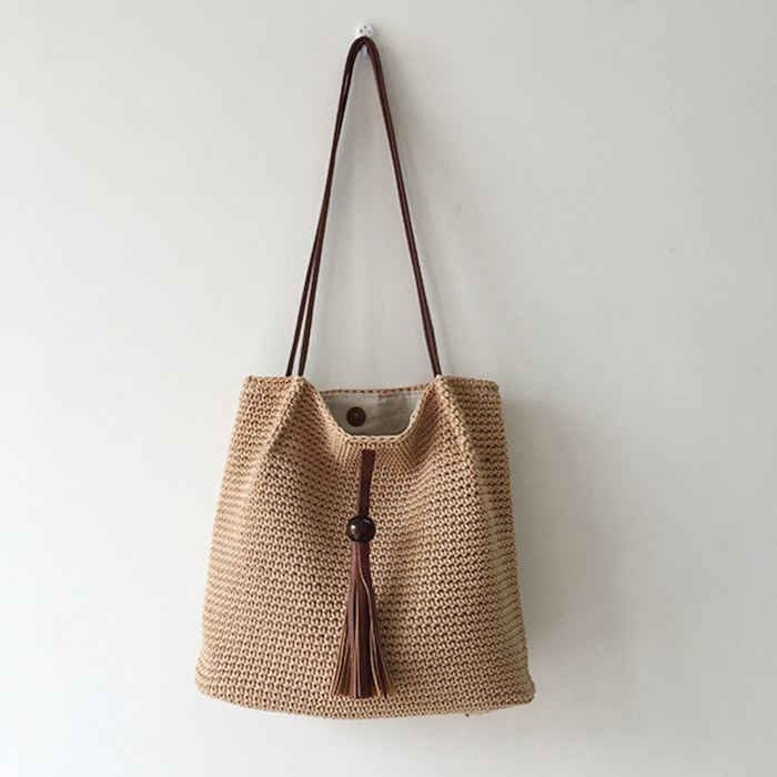 Textured Woven Shoulder Tote with Brown Front Tassel