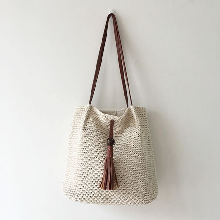 Textured Woven Shoulder Tote with Brown Front Tassel