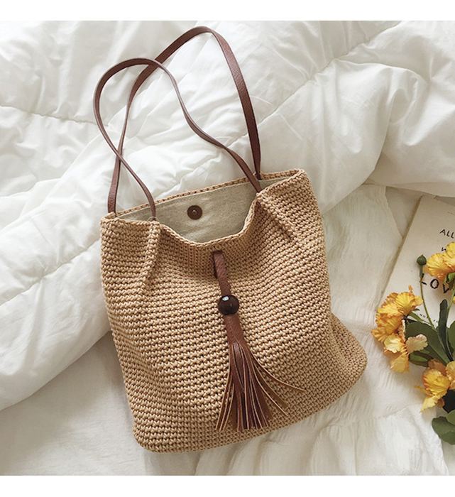 Textured Woven Shoulder Tote with Brown Front Tassel