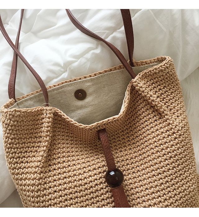 Textured Woven Shoulder Tote with Brown Front Tassel