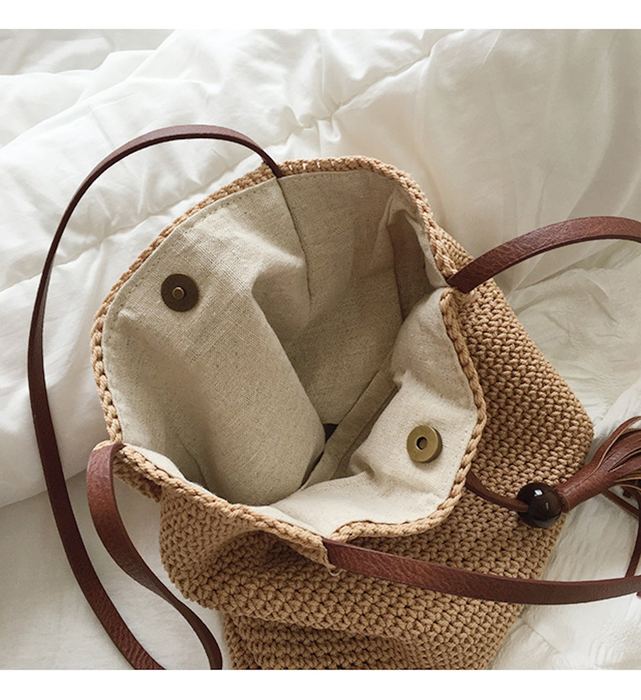 Textured Woven Shoulder Tote with Brown Front Tassel