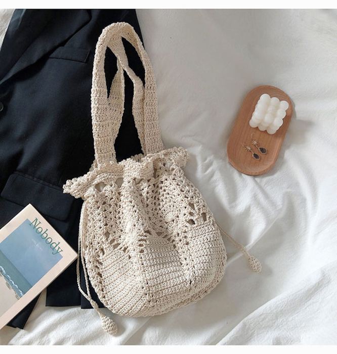 Floral Openwork Knit Bucket Bag with Front Bow