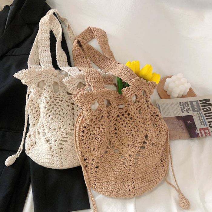 Floral Openwork Knit Bucket Bag with Front Bow
