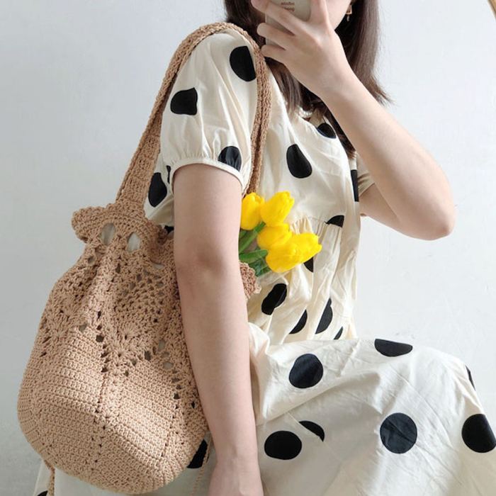 Floral Openwork Knit Bucket Bag with Front Bow