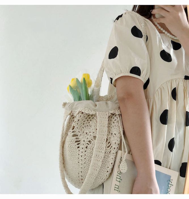 Floral Openwork Knit Bucket Bag with Front Bow