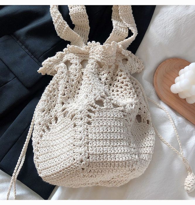 Floral Openwork Knit Bucket Bag with Front Bow