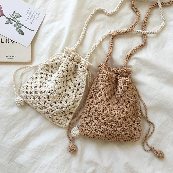 Small Cotton Crochet Drawstring Bucket Bag with Knotted Ties
