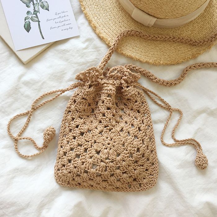 Small Cotton Crochet Drawstring Bucket Bag with Knotted Ties