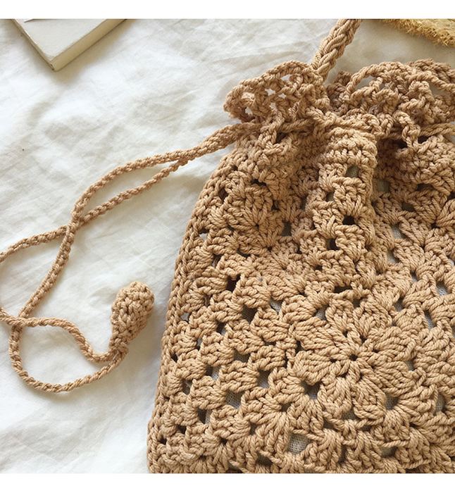 Small Cotton Crochet Drawstring Bucket Bag with Knotted Ties
