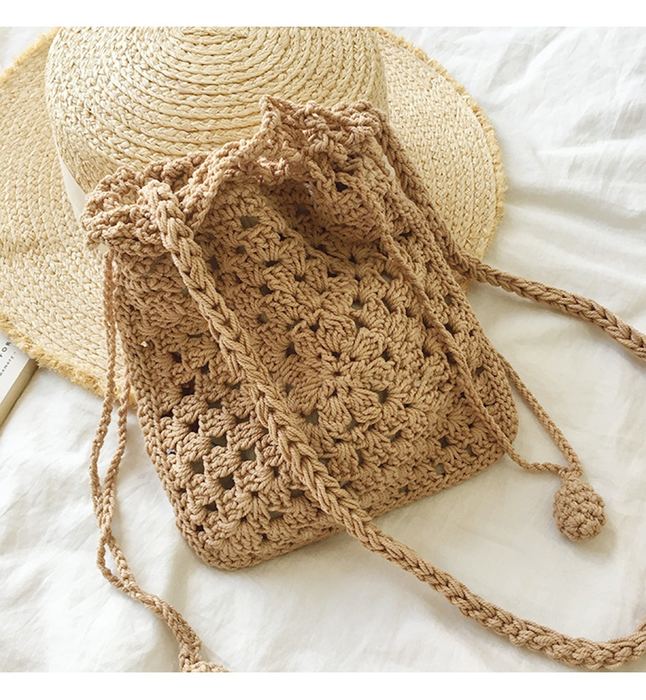 Small Cotton Crochet Drawstring Bucket Bag with Knotted Ties