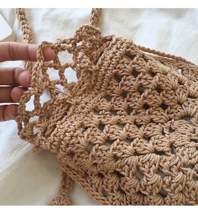 Small Cotton Crochet Drawstring Bucket Bag with Knotted Ties