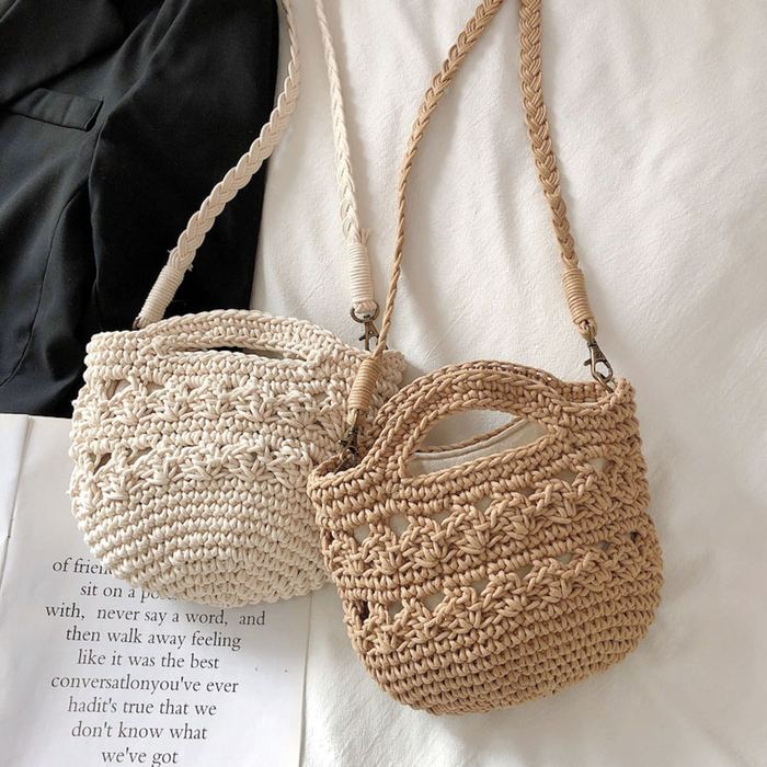 Rounded Crochet Bucket Handbag with Cutout Top Handles