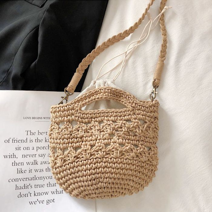 Rounded Crochet Bucket Handbag with Cutout Top Handles