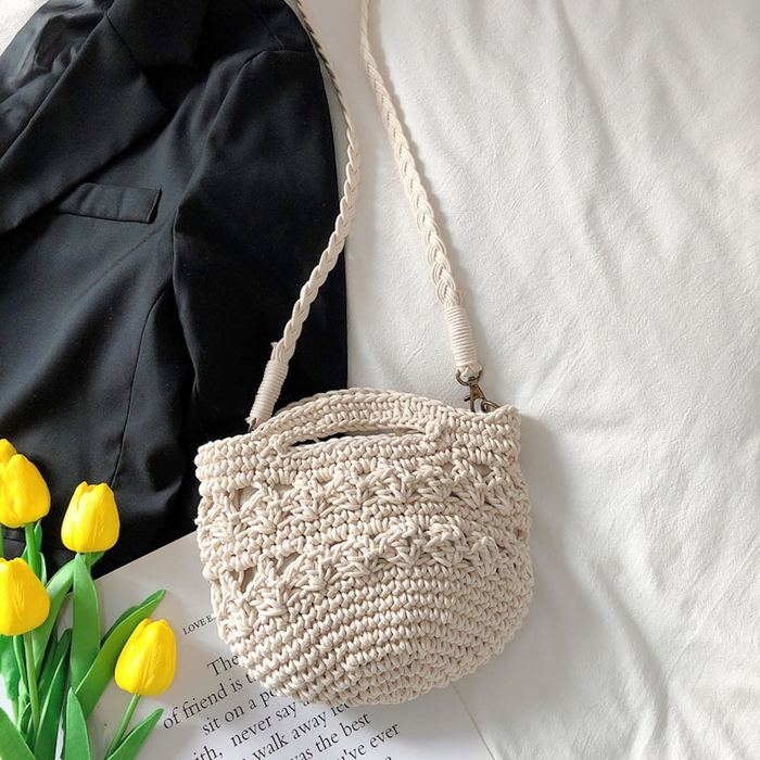 Rounded Crochet Bucket Handbag with Cutout Top Handles