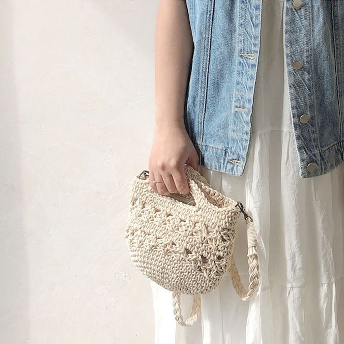 Rounded Crochet Bucket Handbag with Cutout Top Handles