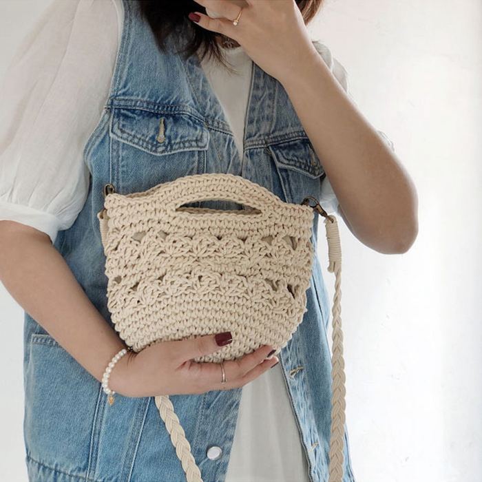 Rounded Crochet Bucket Handbag with Cutout Top Handles
