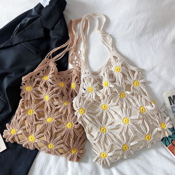 Daisy Openwork Cotton Knit Shoulder Tote with Yellow Centers