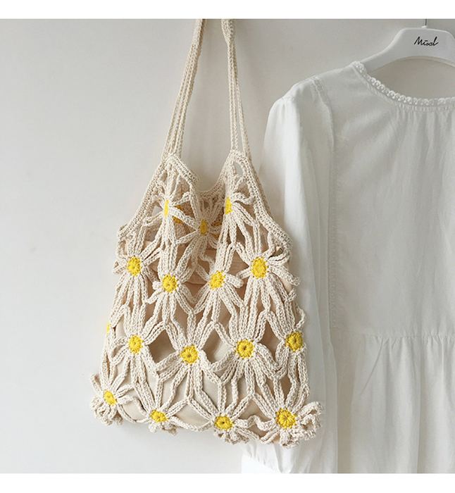 Daisy Openwork Cotton Knit Shoulder Tote with Yellow Centers