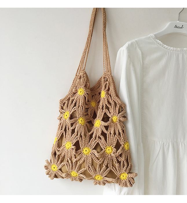 Daisy Openwork Cotton Knit Shoulder Tote with Yellow Centers