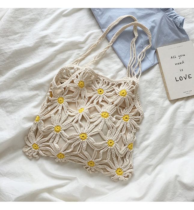 Daisy Openwork Cotton Knit Shoulder Tote with Yellow Centers