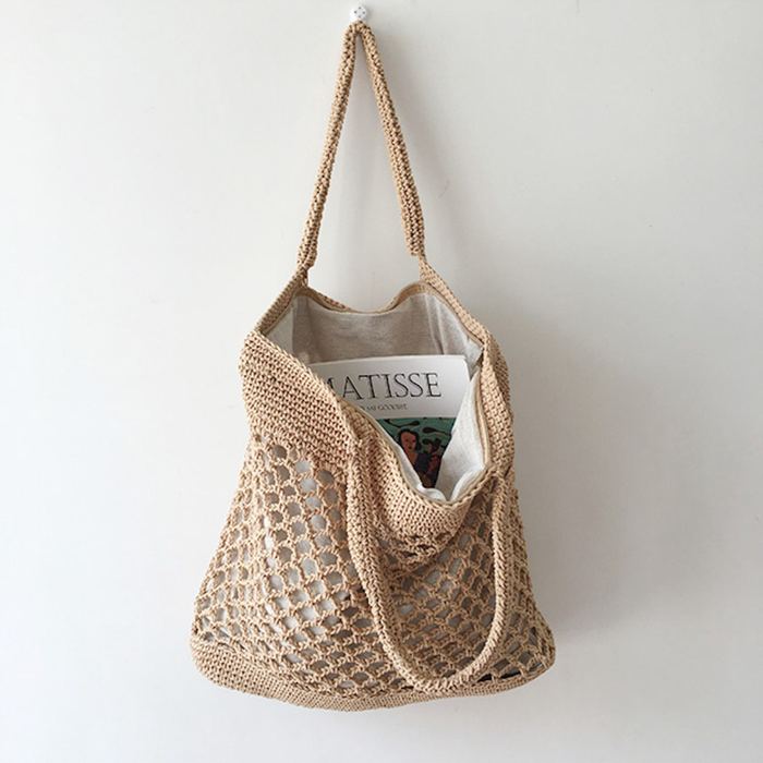 Cotton Fishnet Shoulder Tote with Dense Woven Borders