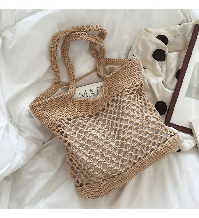 Cotton Fishnet Shoulder Tote with Dense Woven Borders