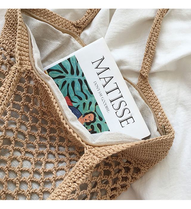 Cotton Fishnet Shoulder Tote with Dense Woven Borders
