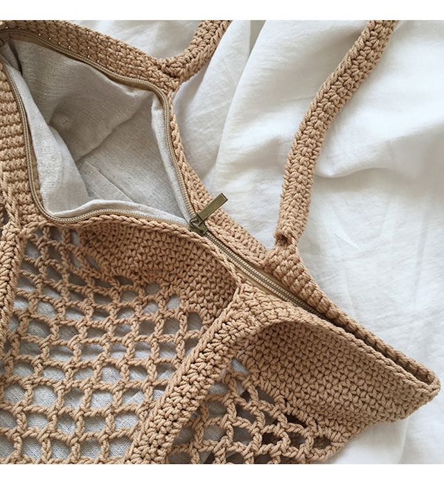 Cotton Fishnet Shoulder Tote with Dense Woven Borders