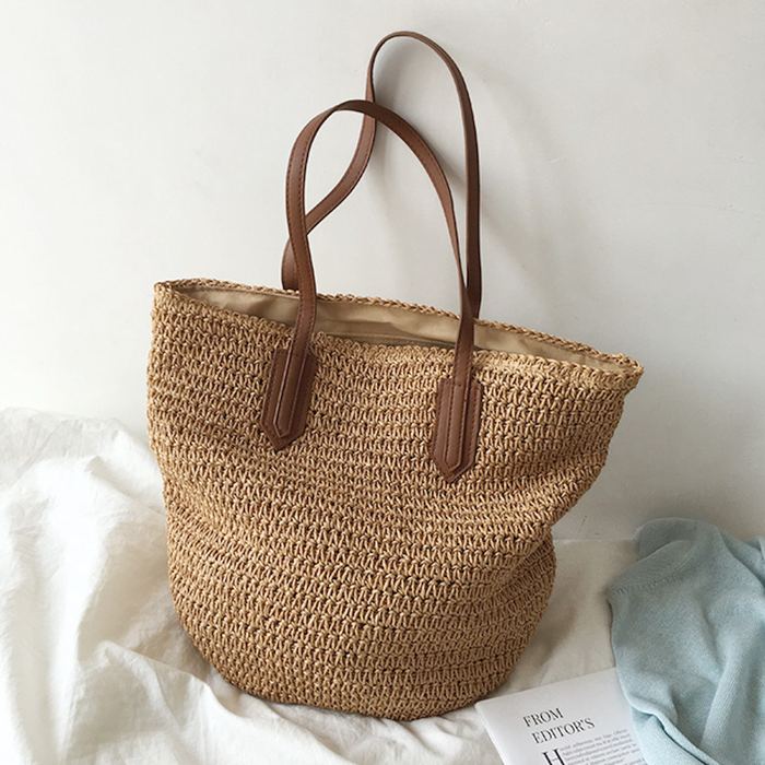 Tapered Straw Basket Tote with Brown Shoulder Handles