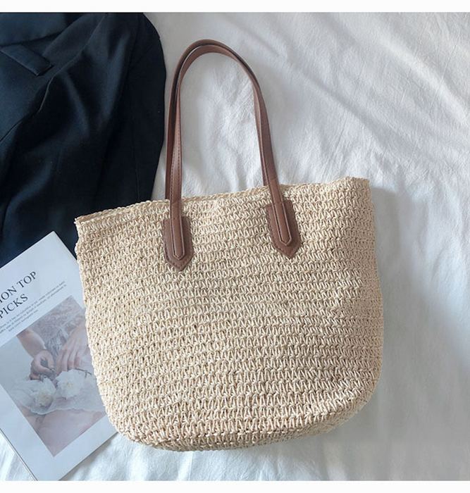Tapered Straw Basket Tote with Brown Shoulder Handles