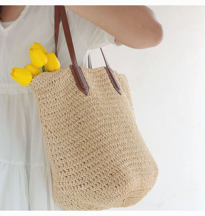 Tapered Straw Basket Tote with Brown Shoulder Handles