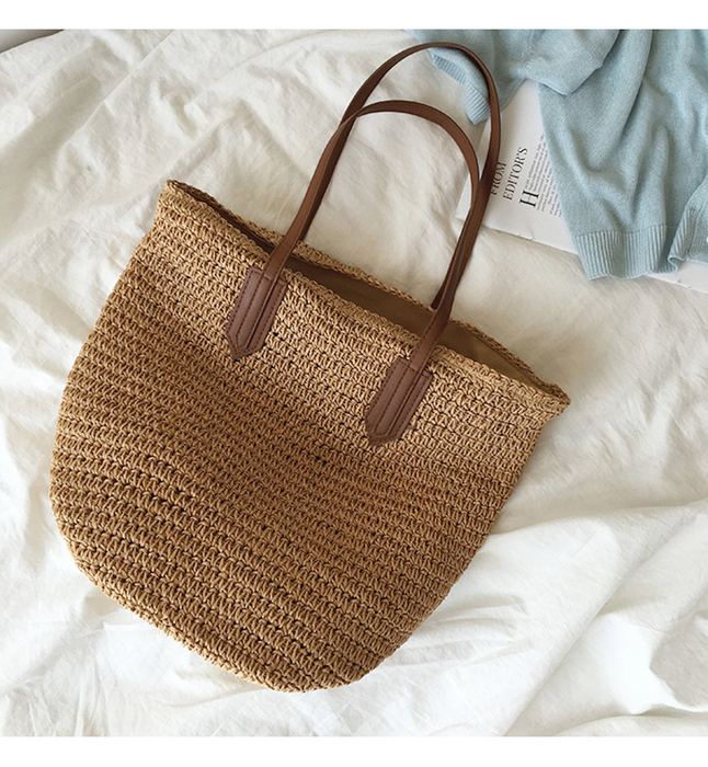 Tapered Straw Basket Tote with Brown Shoulder Handles
