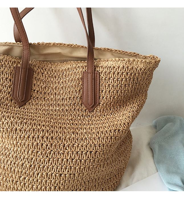 Tapered Straw Basket Tote with Brown Shoulder Handles