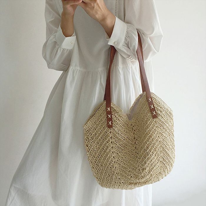 Rounded Straw Shoulder Tote with Brown Cross-Stitched Handles